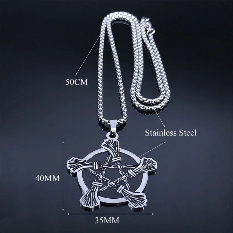 Witchcraft Pentagram Witch Broom Necklace for Women/Men Stainless Steel Wicca Star Necklaces