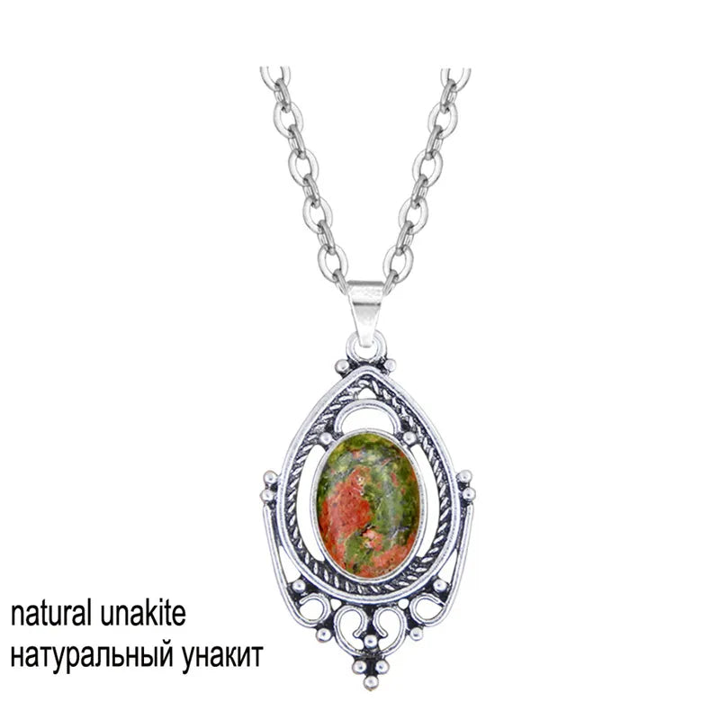 Vintage Water Drop Pendant Natural Jades Lapis Opal Necklace