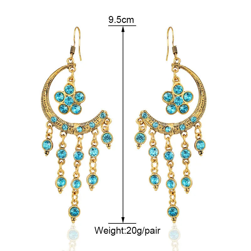 Vintage Ethnic Long Colorful Tassel Rhinestone Dangle Earrings for Women