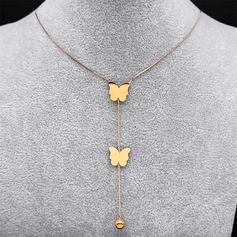 Aesthetic Butterfly Ball Tassel Necklace for Women Stainless Steel Gold Color Female Long Chain