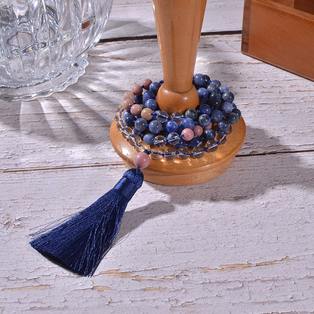  8mm Sodalite Rhodolite Beads Knotted 108 Mala Necklace Meditation Yoga Prayer Rosary