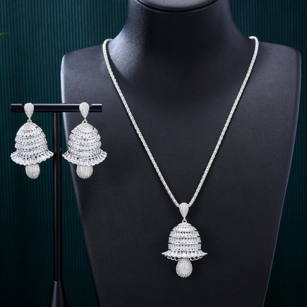 Luxury Bell Drop Necklace Earrings Jewelry Sets Super CZ for Noble Women