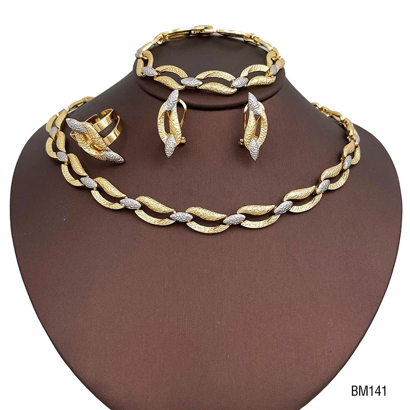 Dubai Gold Plated Jewelry Set Two Tone Color Earrings Leaf Shape Necklace Bangle Ring