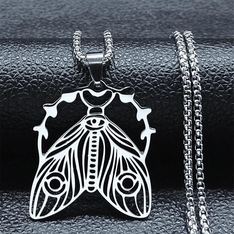  Silver Color Stainless Steel Witchcraft Moth Moon Chain Necklaces for Women/Men