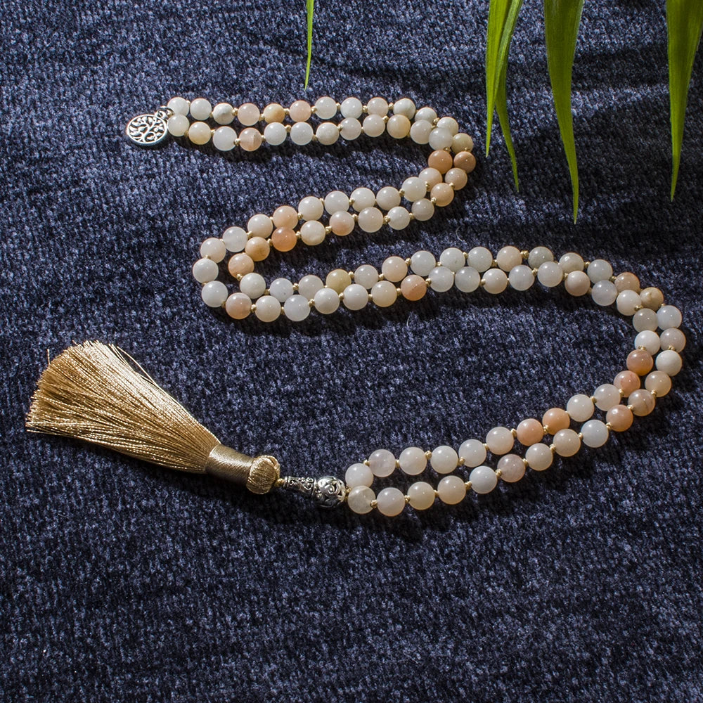 8mm Pink Aventurine Beaded Knoted 108 Mala Necklace Meditation Yoga Prayer Jewelry Japamala Set