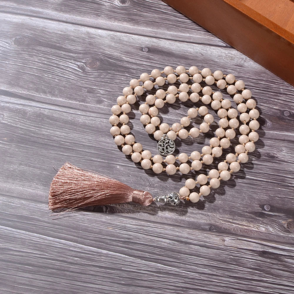  8mm White Fossil Beads Knotted 108 Mala Necklace Meditation Prayer Yoga Jewelry Long Tassel Rosary