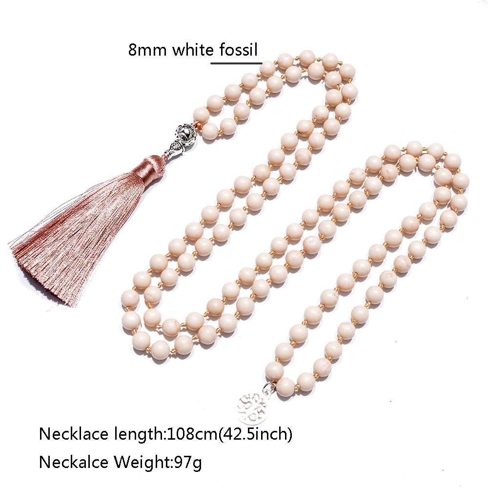 8mm White Fossil Beads Knotted 108 Mala Necklace Meditation Prayer Yoga Jewelry Long Tassel Rosary