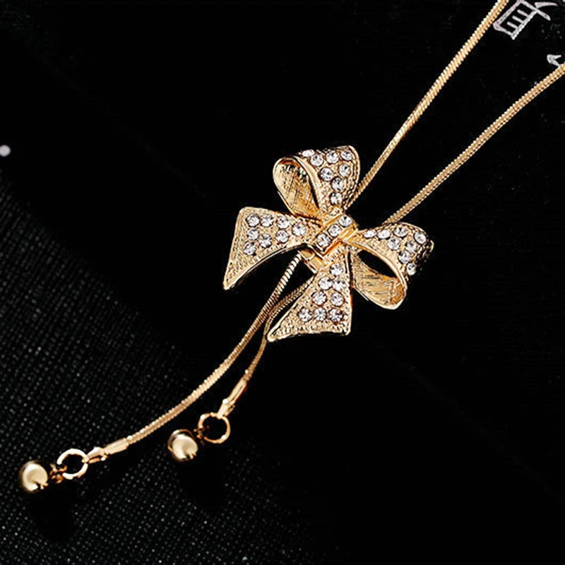 korean fashion Bowknot Gold Silver Color Pendant Long Necklace for Women