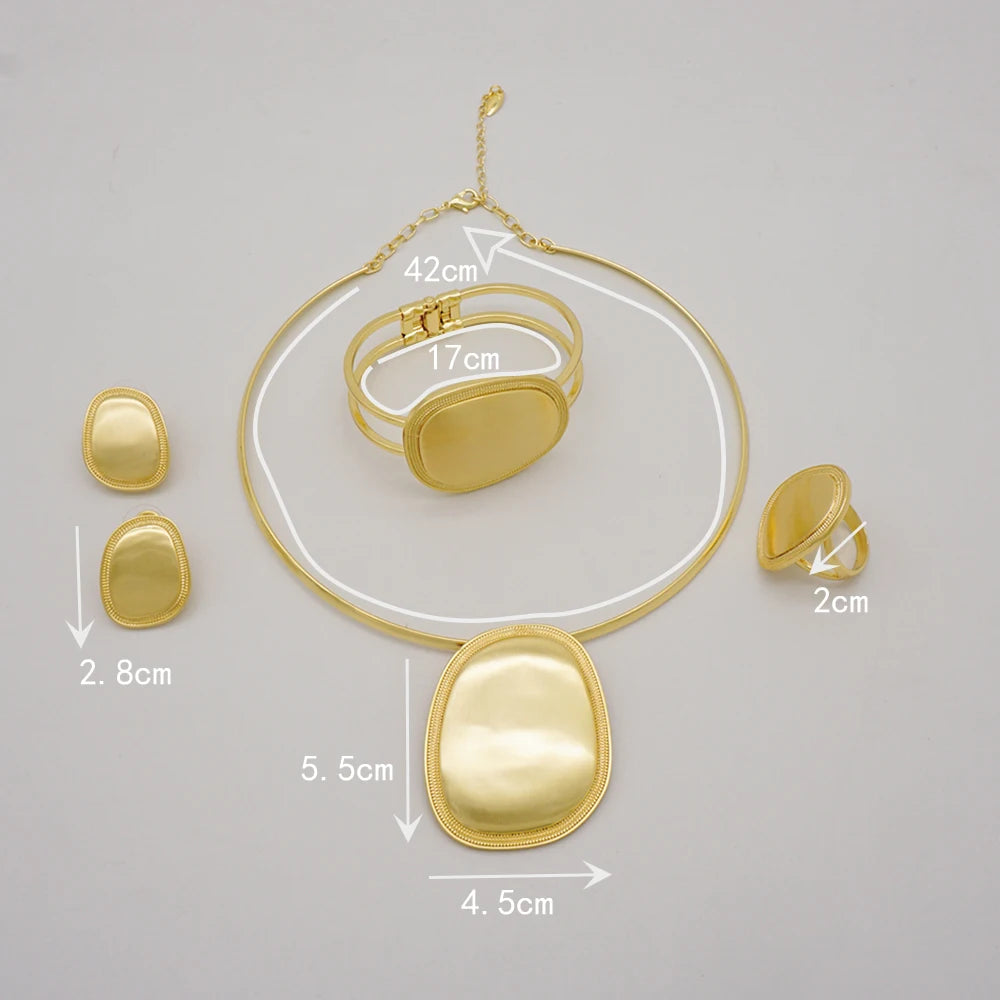 African Gold Color Delicate Pendant Necklace Earrings Ring Bracelet  Set