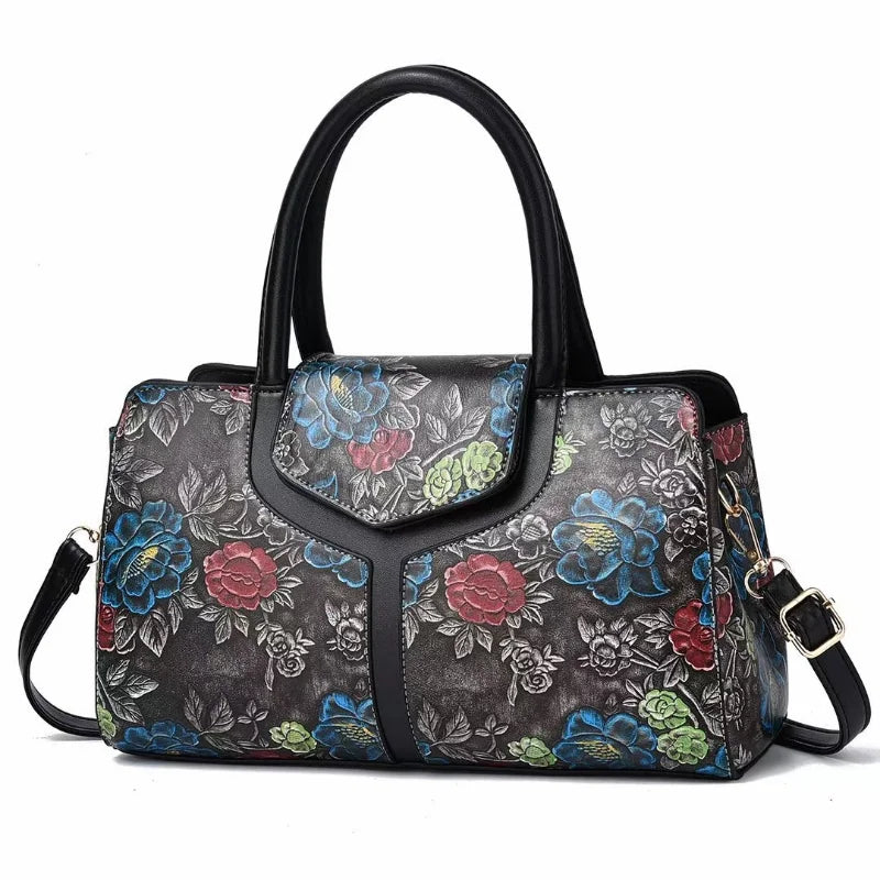 Fashion Shoulder Tote Bag for Women Retro Flower Pattern Portable Satchel
