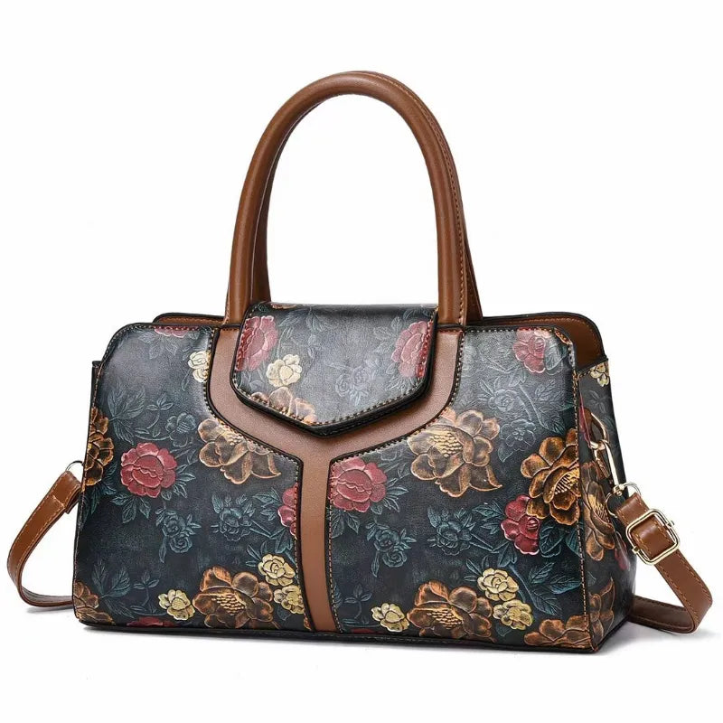  Fashion Shoulder Tote Bag for Women Retro Flower Pattern Portable Satchel