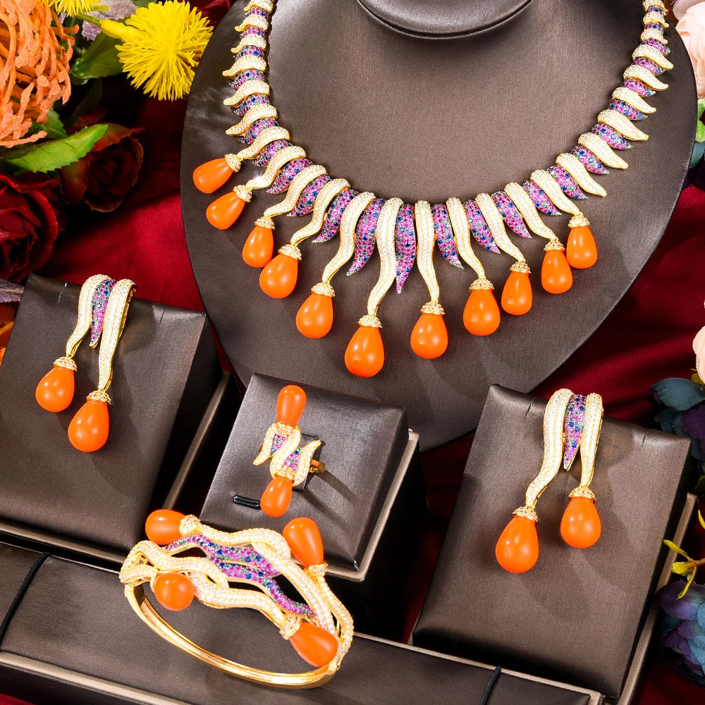  New Luxury 4PCS Orange Necklace Bangle Earrings Ring Jewelry Set for Bridal Wedding Women
