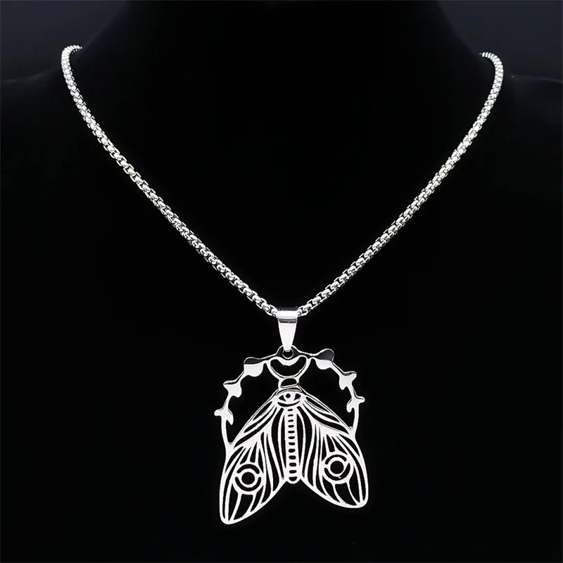 Silver Color Stainless Steel Witchcraft Moth Moon Chain Necklaces for Women/Men