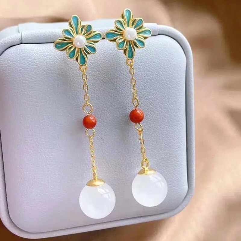 Original Classic Natural Hetian Jade Round Pearl Petal Long Earrings