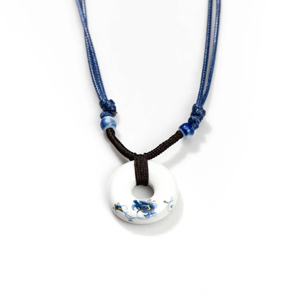 Adjustable Ethnic Necklace with Ceramic Decal Pendant