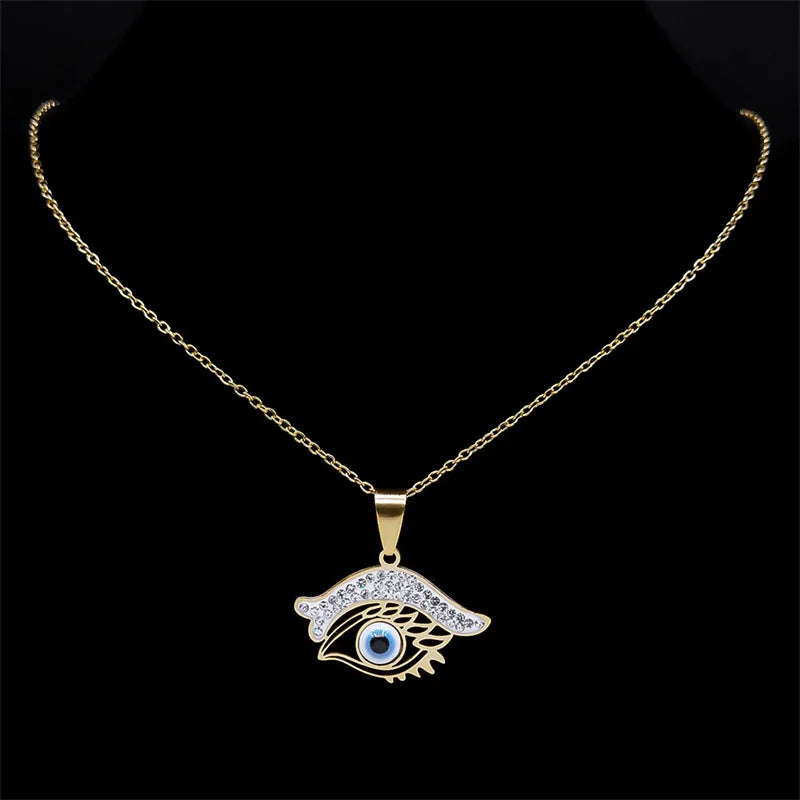 Turkish Blue Eye Necklace  Stainless Steel Crystal Gold Color Chain Necklace