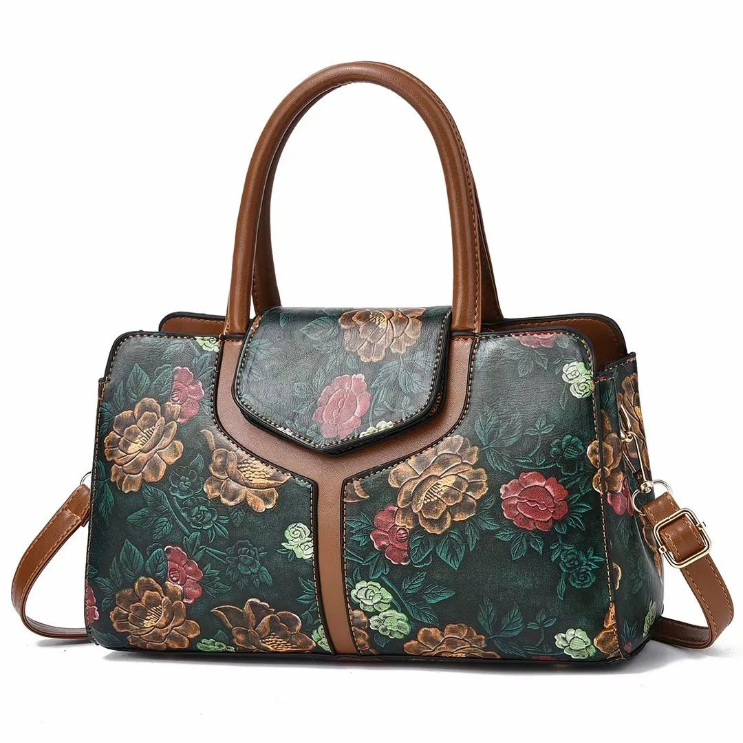 Fashion Shoulder Tote Bag for Women Retro Flower Pattern Portable Satchel