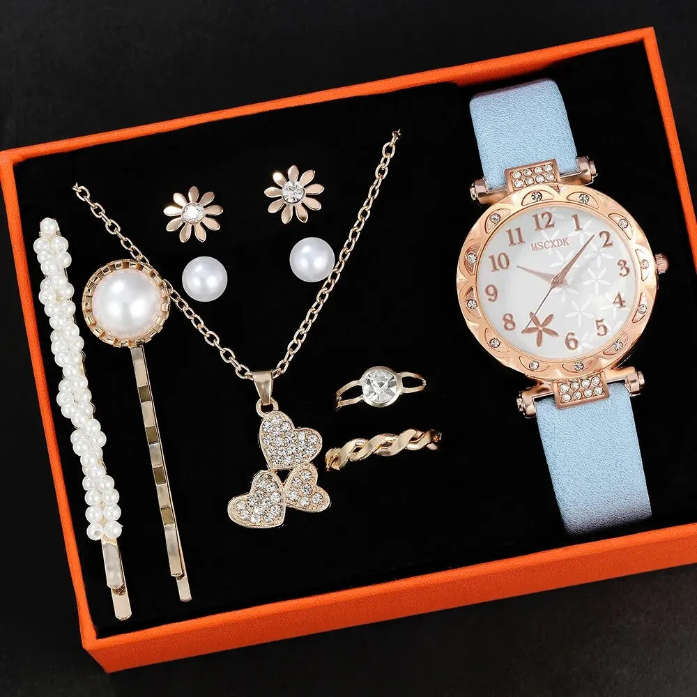 Women's Watch Set Fashion Hairpin Earrings Necklace Ring Watch Set