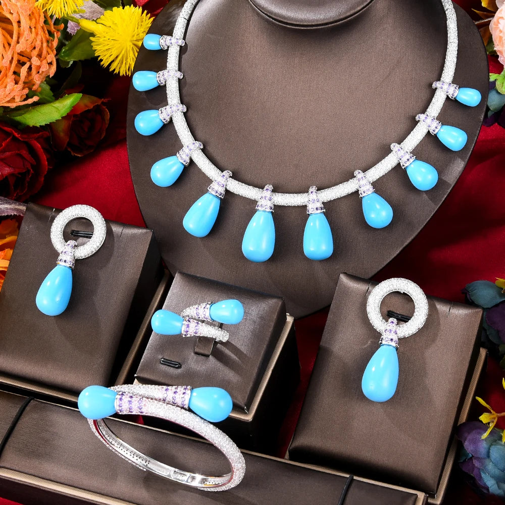 New Luxury 4PCS Orange Necklace Bangle Earrings Ring Jewelry Set for Bridal Wedding Women