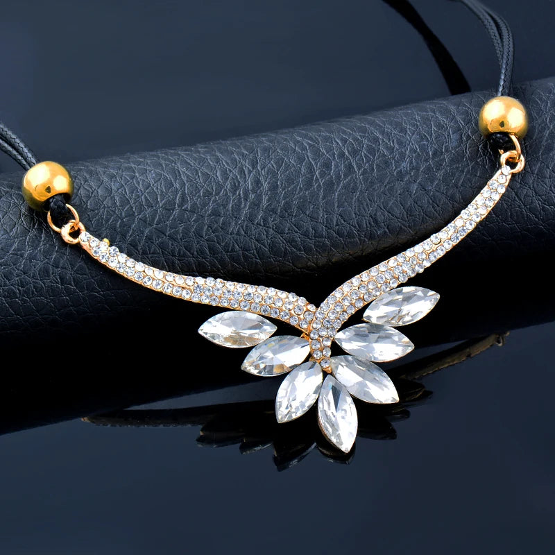 Vintage Leather Blue Green Red Cubic Zirconia Pendant Necklace For Women