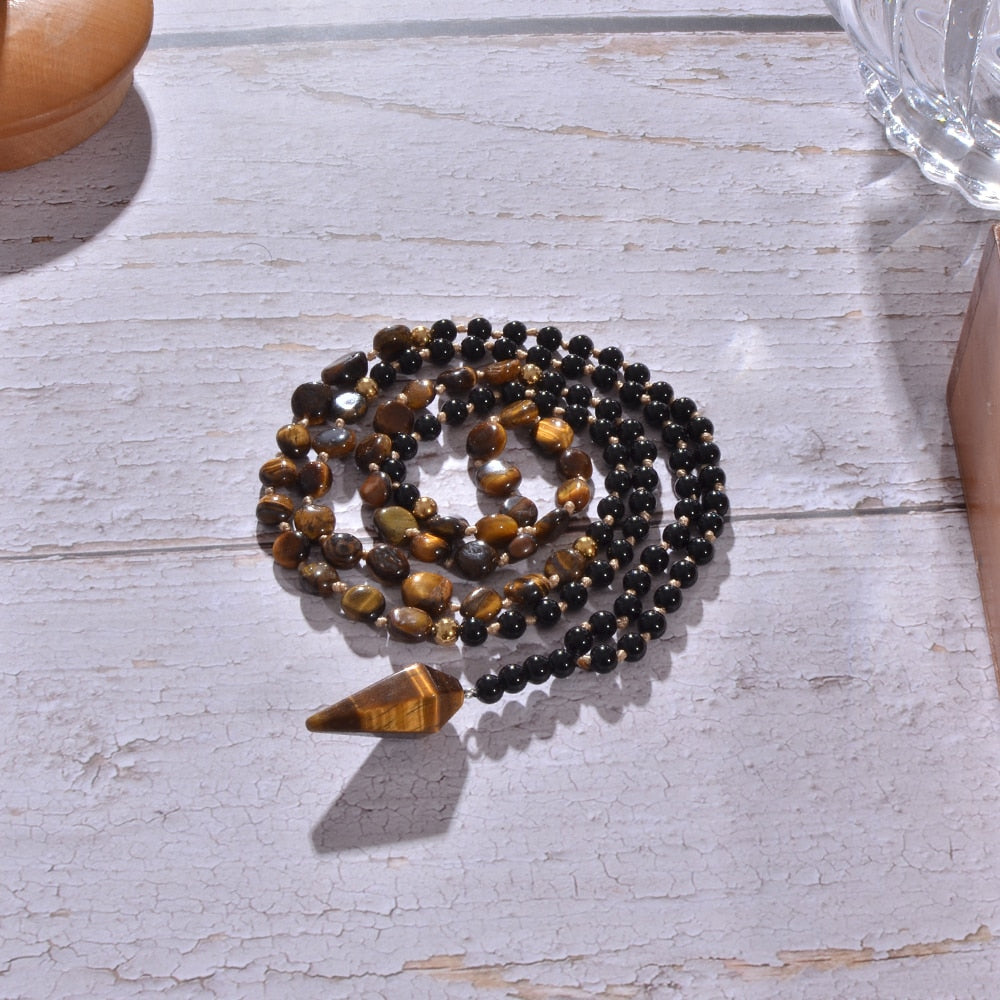 Irregular Yellow Tiger Eye Black Onyx Beads Knotted 108 Mala Necklace