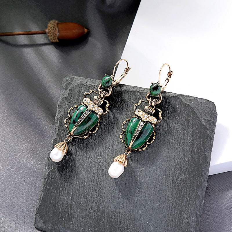 Insect Synthetic Stone Cultured Pearl Drop Earrings For Women