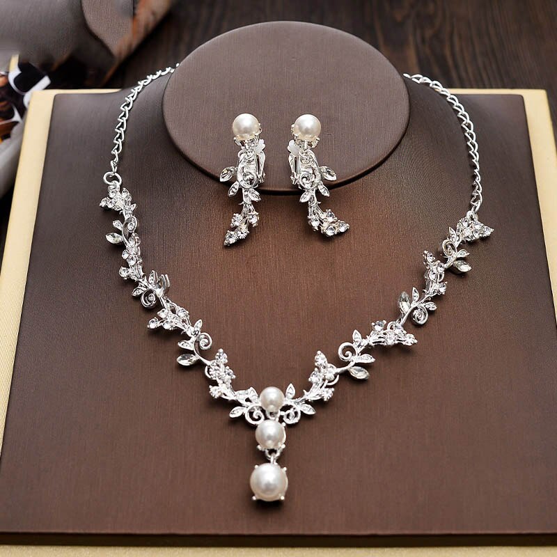 Wedding Tiara Necklace Earrings Simulated Pearl Hair Jewelry