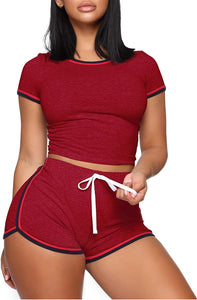 Biker Shorts Sets for Women - Cute Short Sleeve Crop Tops + Skinny Shorts Tracksuit Medium Wine Red