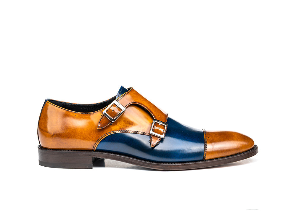 D'Annunzio blue tan polished double monk – designitalianshoes