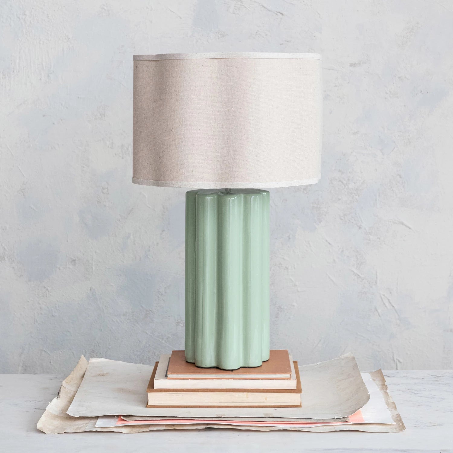Stoneware Fluted Lamp w/ Linen Scalloped Shade & Swivel Neck