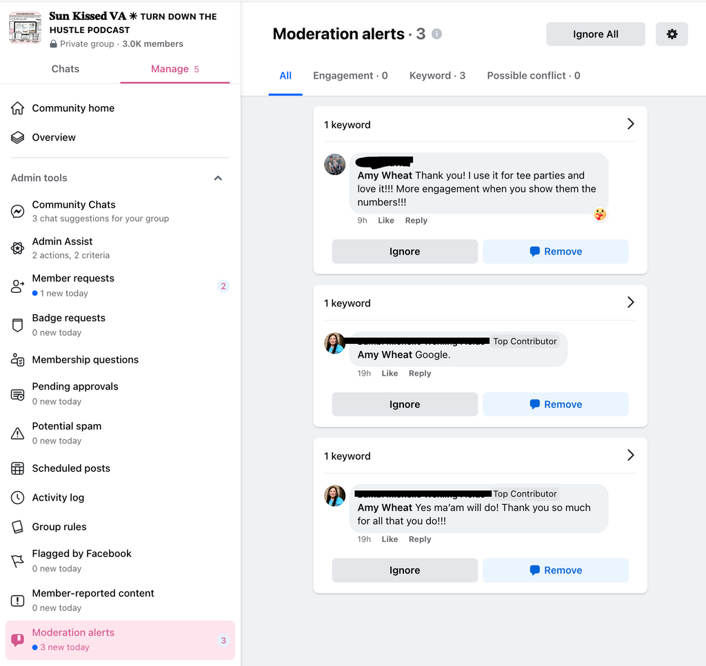 Moderation Alerts on Facebook Sun Kissed VA