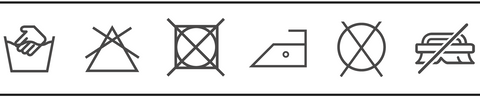 Symboles de nettoyage, d'entretien et de schage du tissu velours ; lavage  la main possible, blanchiment interdit, schage  la machine interdit, repassage  temprature faible possible, pas de nettoyage professionnel, pas de brossage