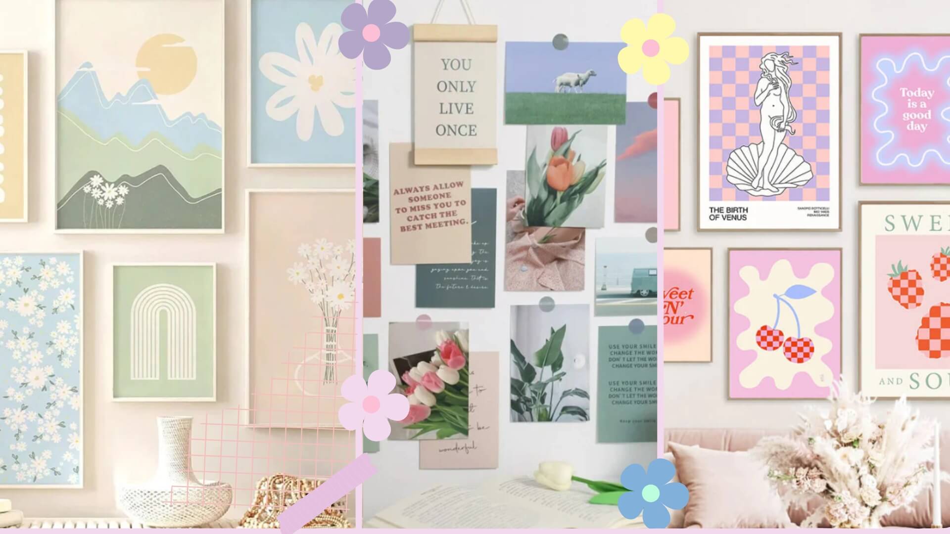 pastel aesthetic wall decor and poster wall collages