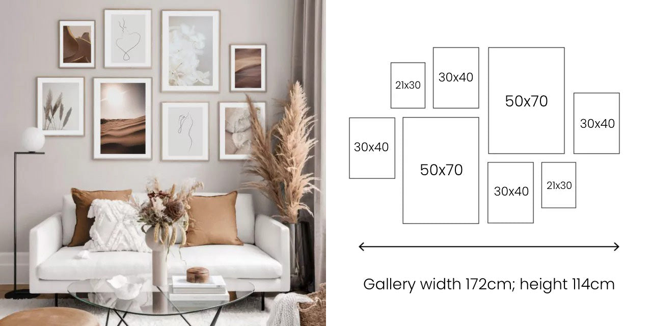 seven posters wall gallery layout aesthetic posters arrangement template wall decor ideas roomtery