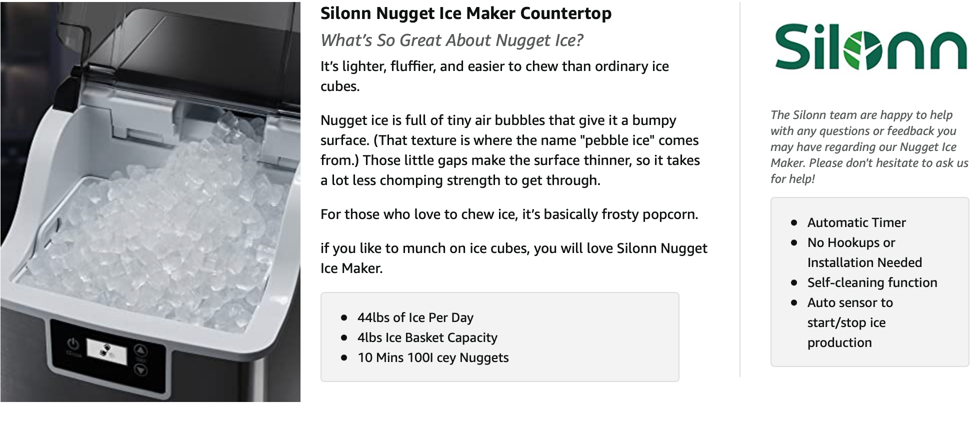  Silonn Compact Nugget Ice Maker，44lbs/Day Pellet Ice Maker  Machine with Timer & Self-Cleaning Function, Portable Countertop Ice Maker  for Home, Office, Bar, Perfect for Cocktails & Smoothies : Appliances