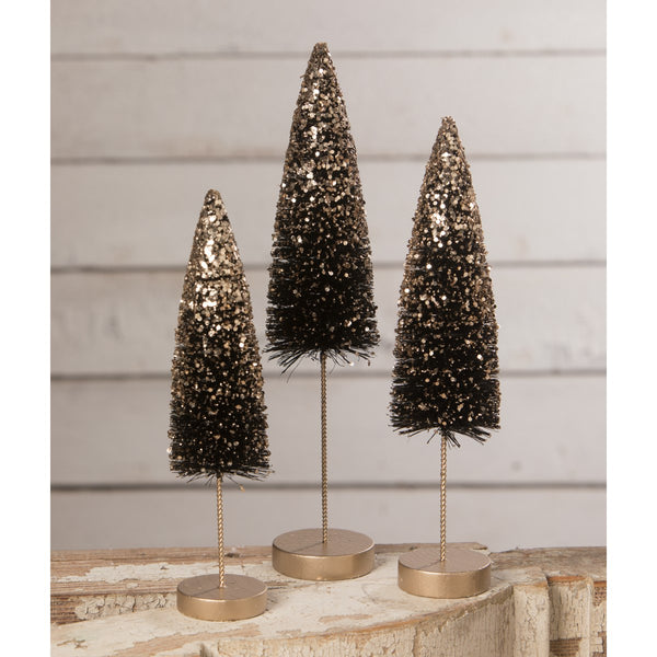 Bethany Lowe Mini Halloween Bottle Brush Trees with Gold Glitter (Set/7)