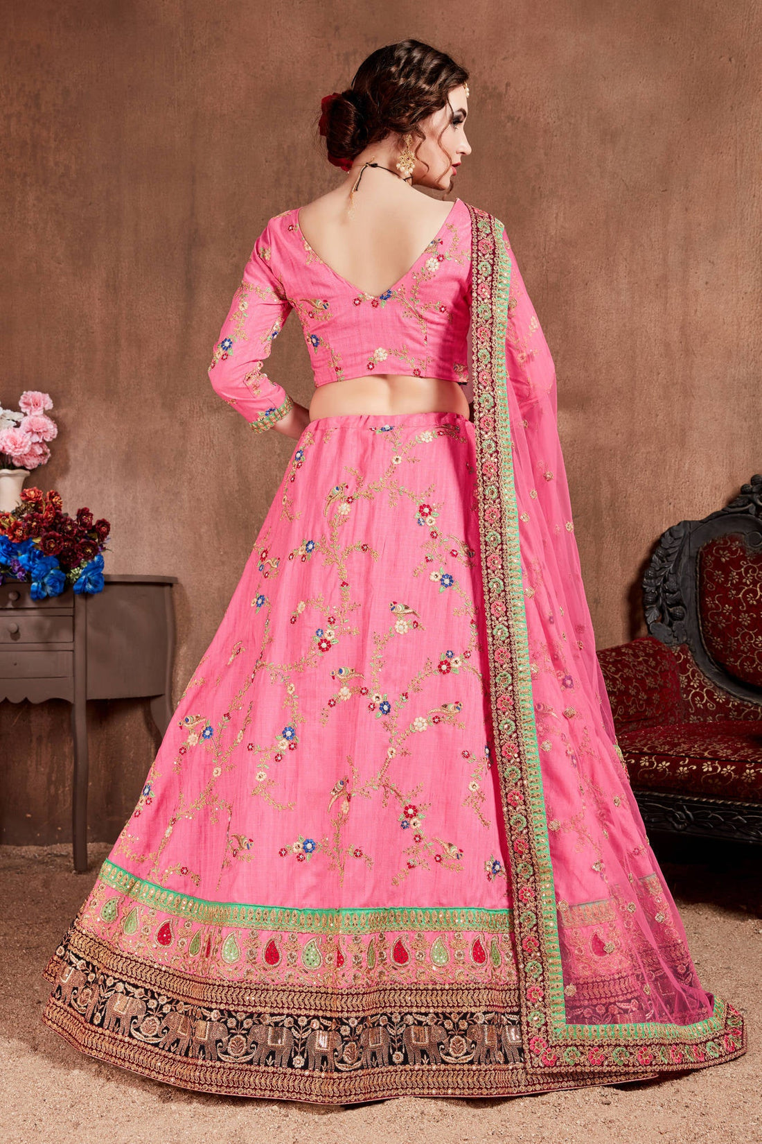 Shop Teen Girls Pink Art Silk Embroidered Kali Style Lehenga Set Wedding  Wear Online at Best Price