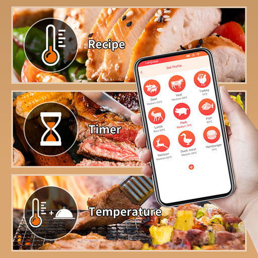 BFOUR True Wireless Meat Thermometer of 328FT, Bluetooth Meat Thermometer  with LCD Screen Smart Booster, Meat Thermometer for Grilling and Smoking  BBQ