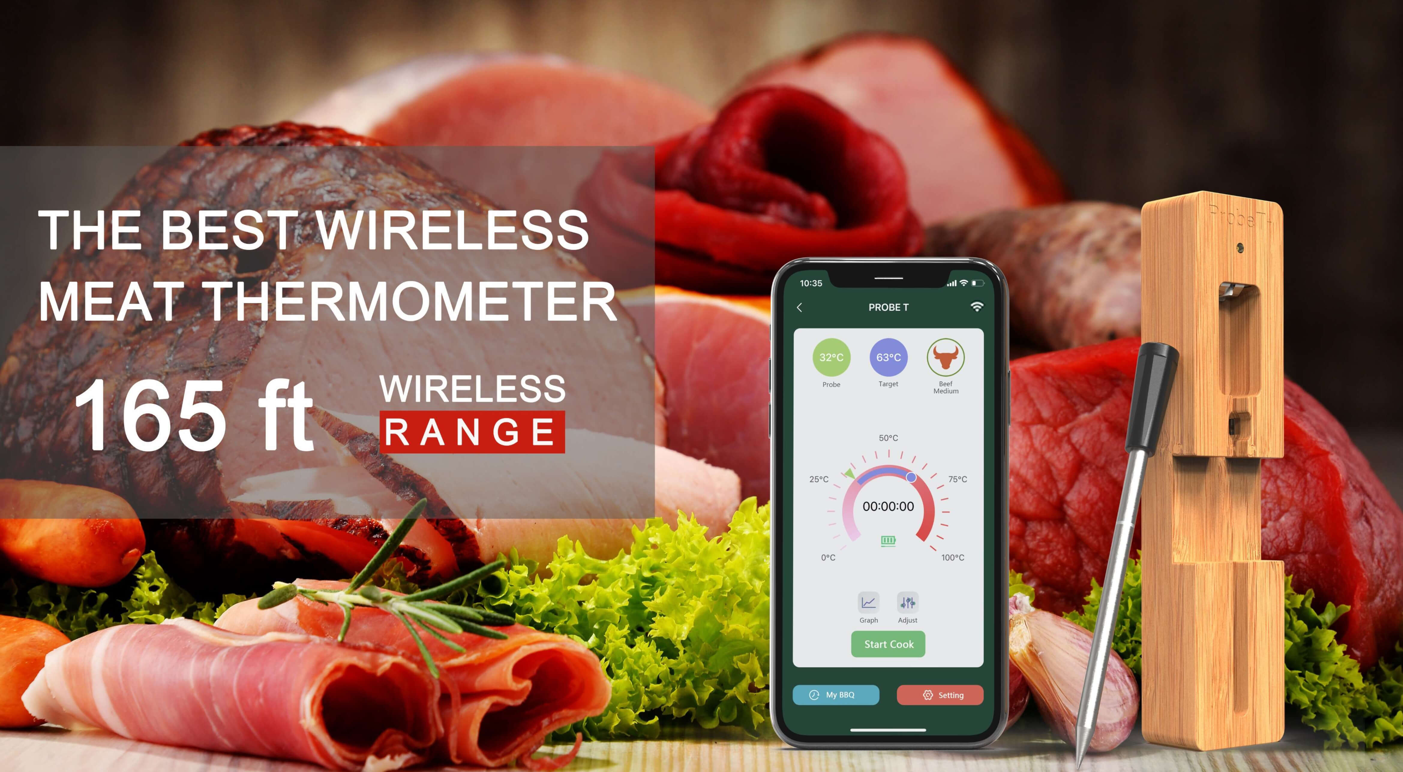 Wireless Meat Thermometer, 165ft Wireless Range Digital Meat Thermometer,  Smart App Control, Ultra-Sensitive Food Thermometer with Thinner Probe for