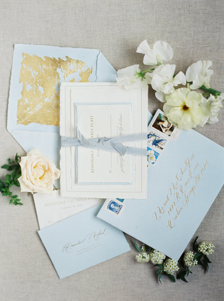 antique gold and blue wedding invitations