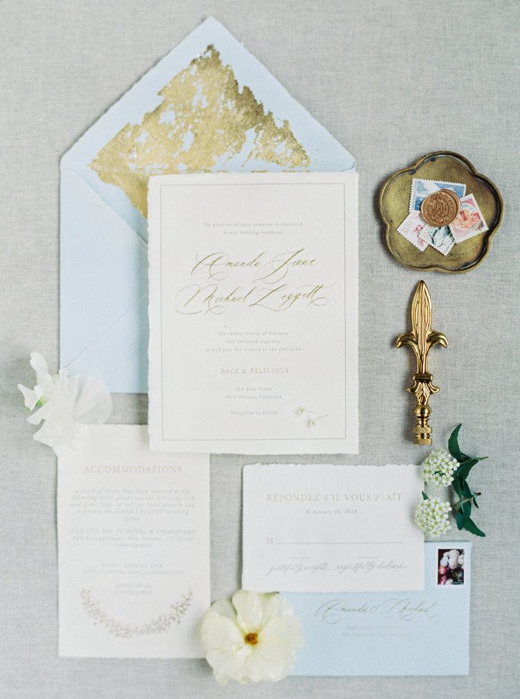 antique gold and blue wedding invitations