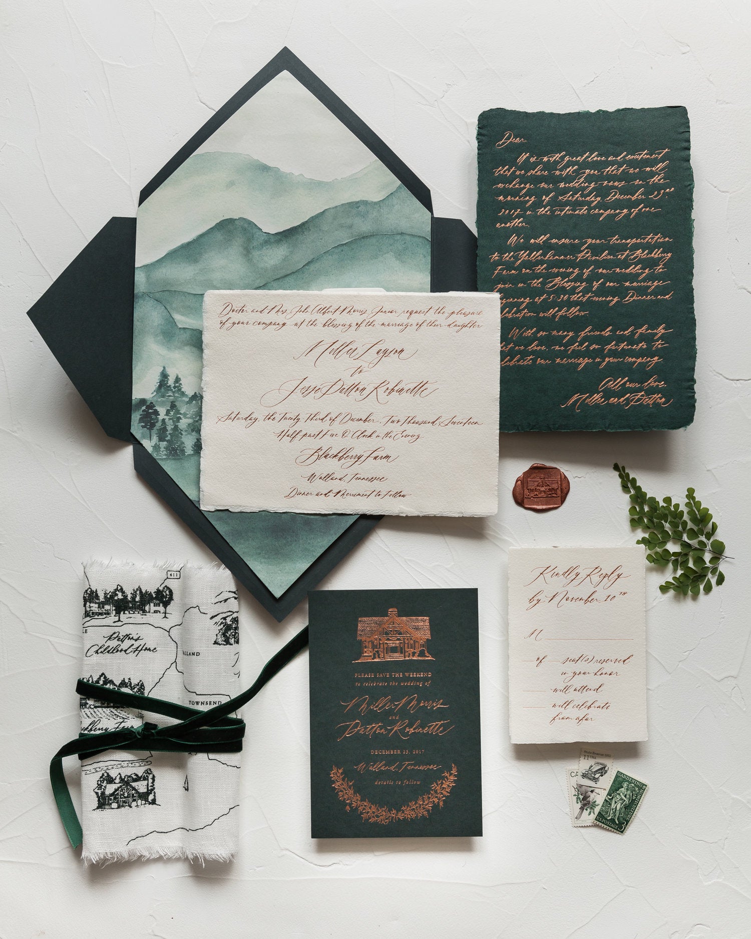 emerald and copper wedding invitation