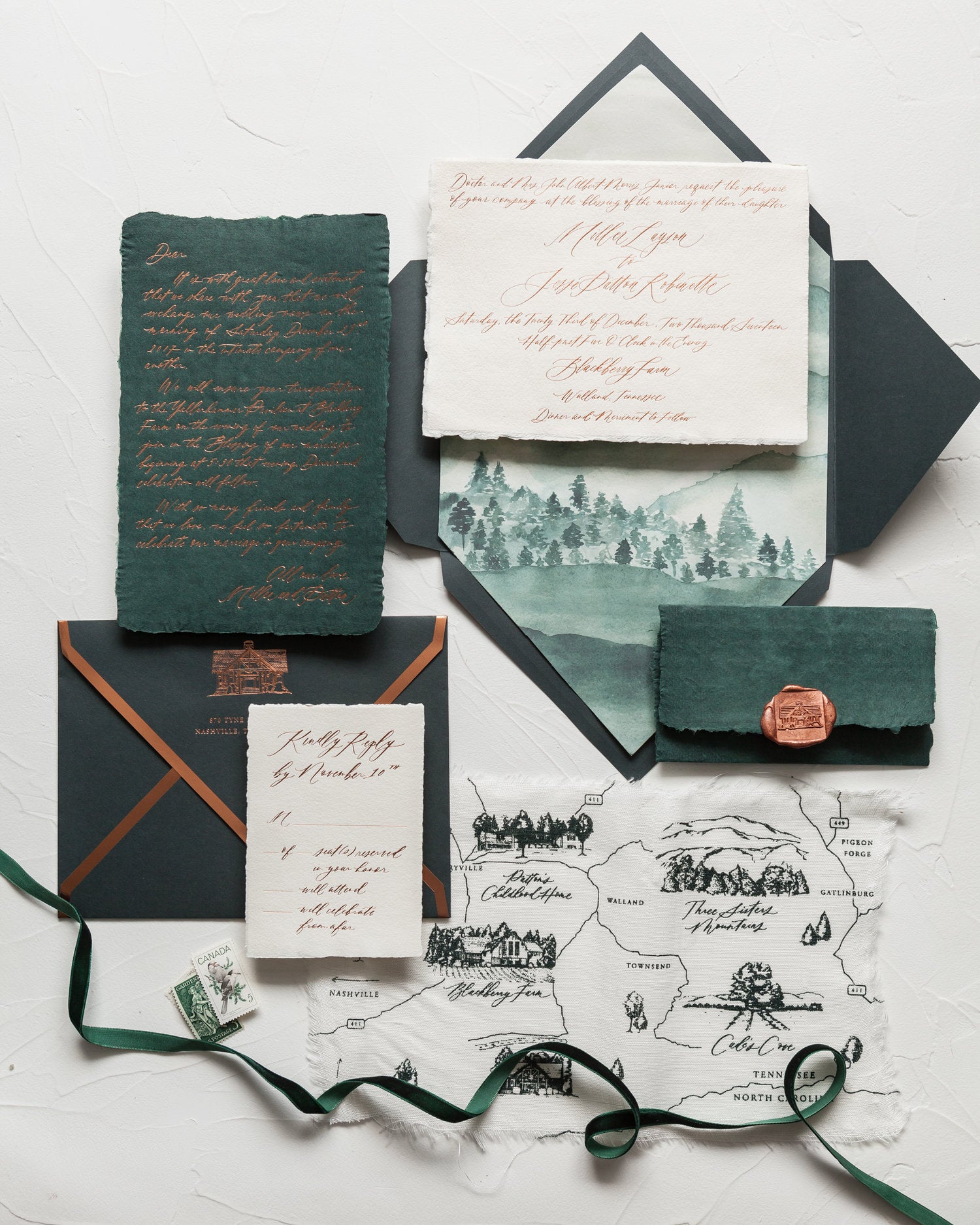 emerald and copper wedding invitation