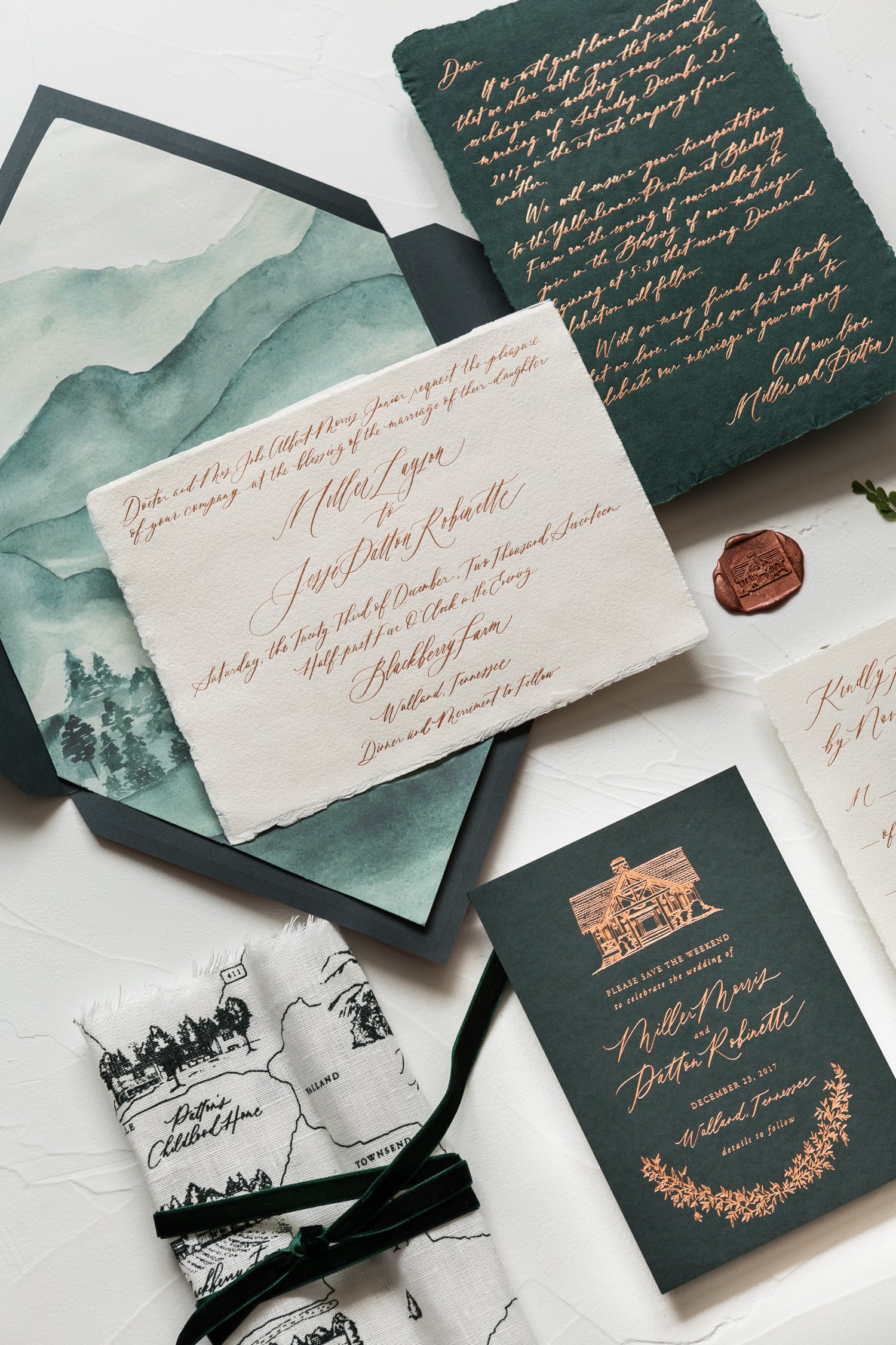 emerald and copper wedding invitation