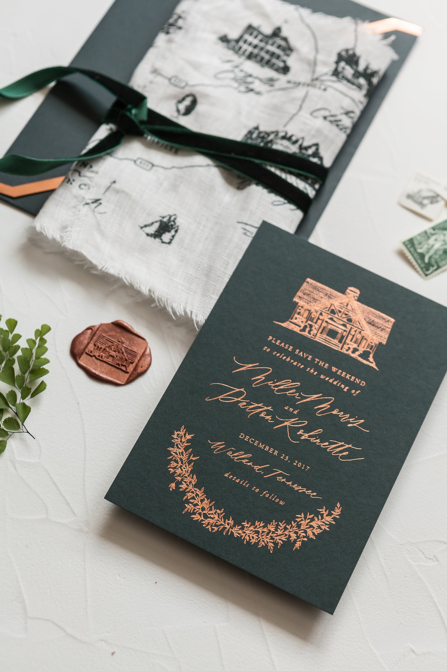 emerald and copper wedding invitation