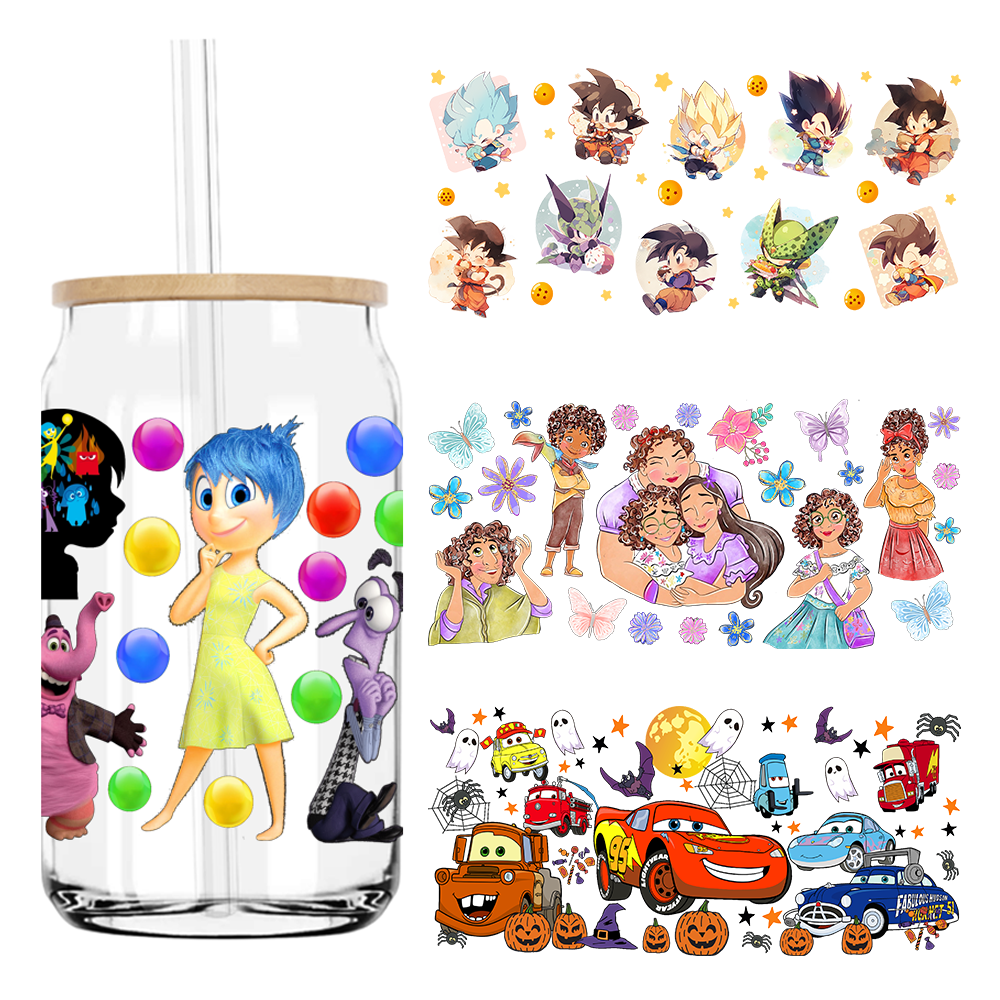 Popular Cartoon Character Cars 16OZ UV DTF Cup Wrap Transfers Stickers Custom Labels DIY Waterproof Logo For Libbey Glass Can