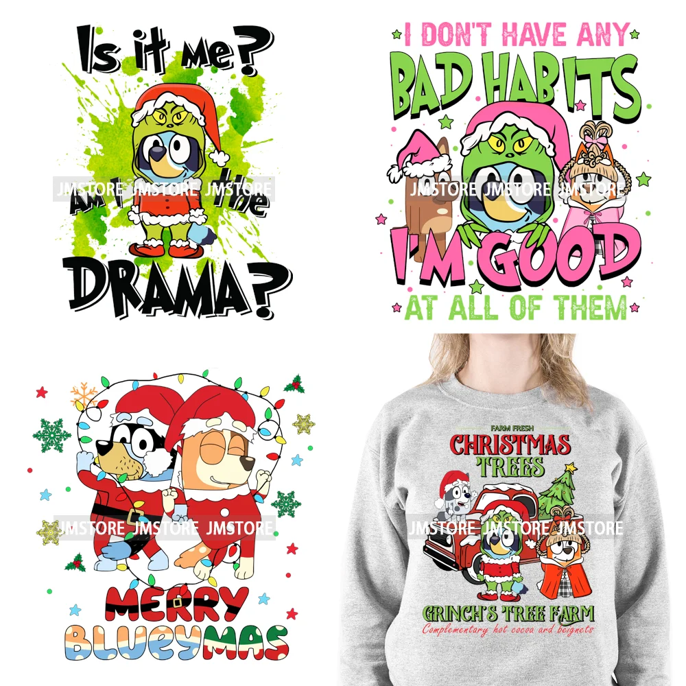 Cute Cartoon Blue Dog Family Character Merry Christmas Vibes Decals Iron On DTF Transfers Stickers Ready To Press For Sweatshirt