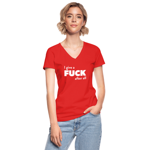 Frauen-T-Shirt mit V-Ausschnitt: I give a fuck after all. - Rot