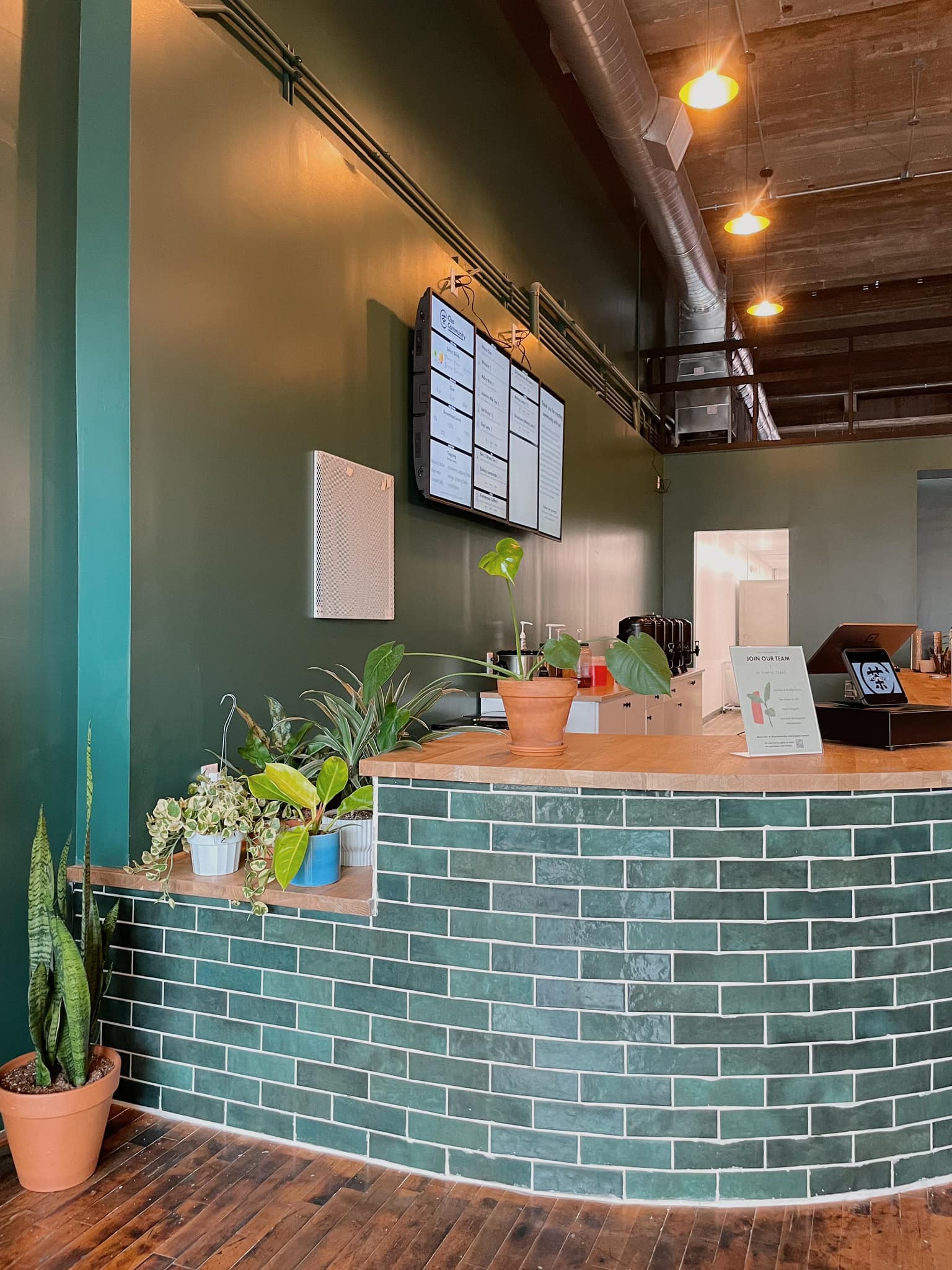 Cha Community downtown Temple shop - Photo shows the Cha Community green tile bar and front of the store with various plants.