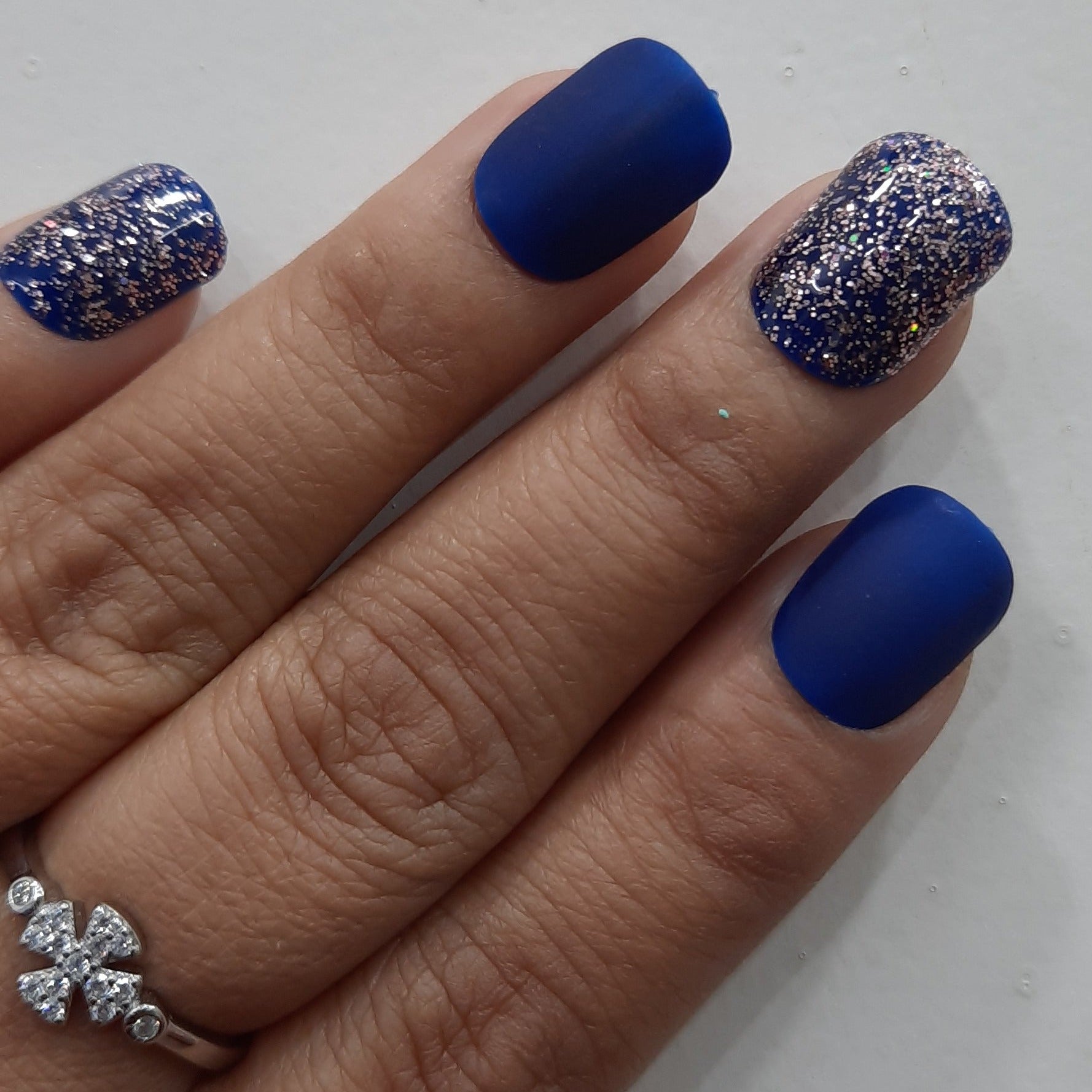 Blue Glitter Matte Glossy Short Press On Nails #253